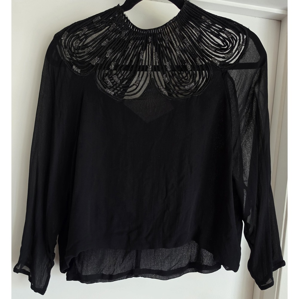 H&M Blouse 6 Black Solid Round Neck Long Sleeve Top Sheer Embroidered Neck